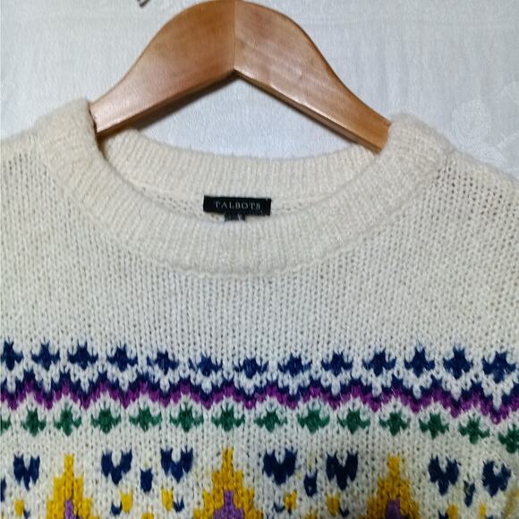 Talbots Sweater XS Cream Yellow Purple Nordic Fair Isle Crew Neck Wool Blend - Picture 5 of 9